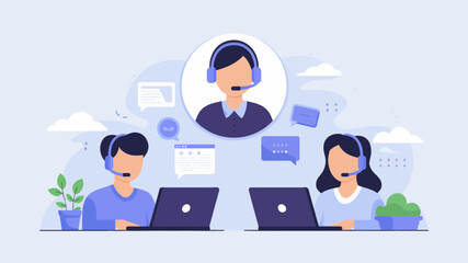 Customer support agents providing online assistance via laptops and headsets a professional business teamwork design