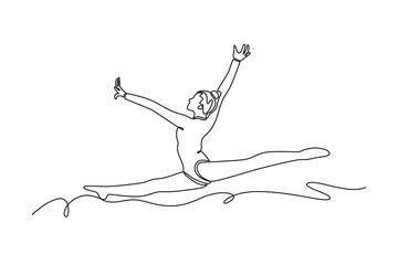 Single one line drawing beauty gymnast woman in sportswear dress working out, performing art gymnastics, jumping, doing split leap in the air. Continuous line draw design graphic vector illustration