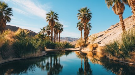 Palm trees and mountains surround a serene body of water