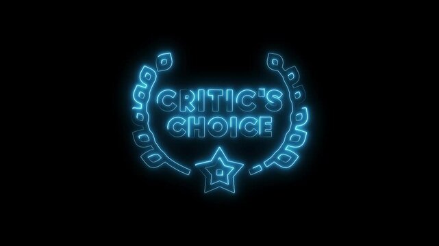 Neon critics choice award animated glowing wreath and star on black background