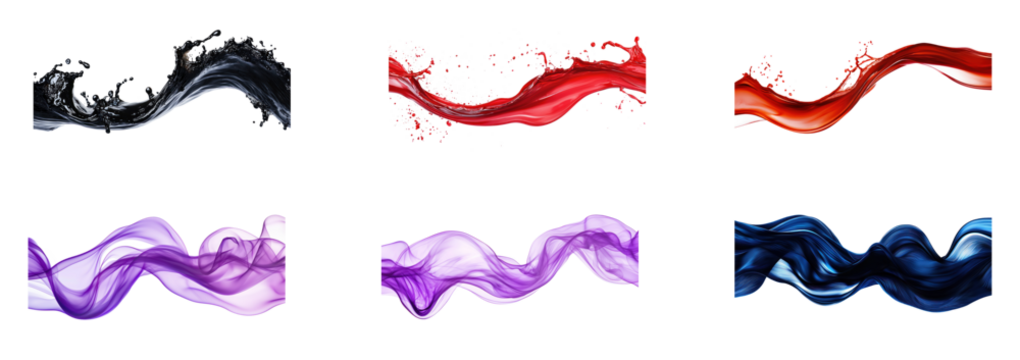 Collection of dark rich black wave of fluid, its deep color contrasting dramatically with the clean transparent background - Powered by Adobe