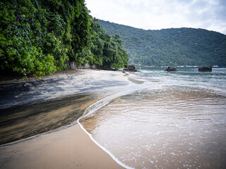 Peaceful Beach On Ilha Grande Near Rio De Janeiro: Gentle Waves Washing Onto Sandy Shore With Rocky...