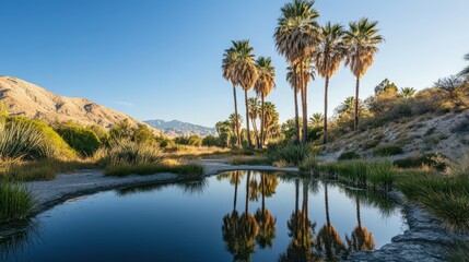 Palm trees reflect in a still pond in a desert landscape