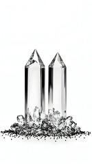 Twin crystal towers, white background, crystal fragments, product shot