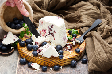 Cheese with blueberries from Asturias, Spain, Europe. Gluten free