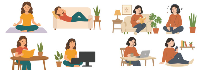 Various relaxing activities at home during a calm evening with plants and cozy spaces