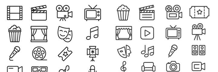 Creative icons collection depicting various aspects of entertainment and media in a minimalist style