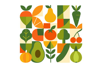 Colorful geometric arrangement of various fruits and vegetables featuring vibrant shapes in a lively composition