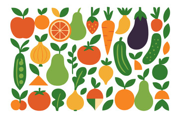 Bright and colorful assortment of various fruits and vegetables displayed on a white background