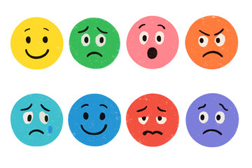 Colorful collection of emotion emojis displayed on a white background for emotional expressions and feelings