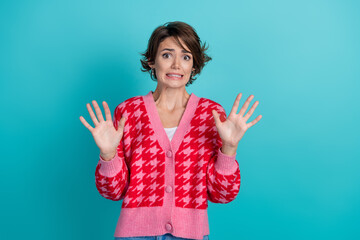 Photo portrait of attractive young woman stop gesture terrified dressed stylish red clothes...