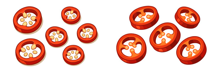 Sliced red peppers arranged artistically on a white background with emphasis on color and texture