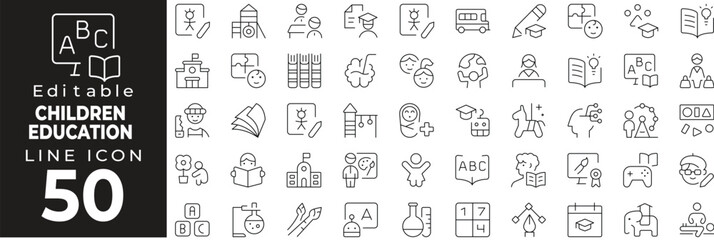 Early learning and child education icons. Featuring books, ABC blocks, students, learning tools, and classroom symbols. Editable stroke.