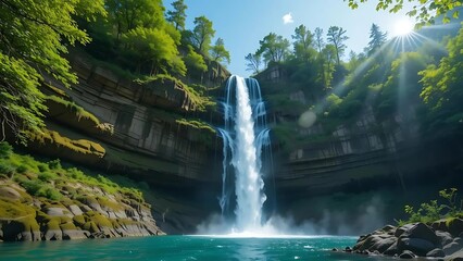 Sunlit Cascade: Lush Green Canyon Waterfall & Turquoise Pool