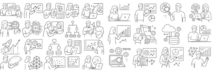 Digital professionals engaging in collaborative data analysis and tech discussions in a modern office environment