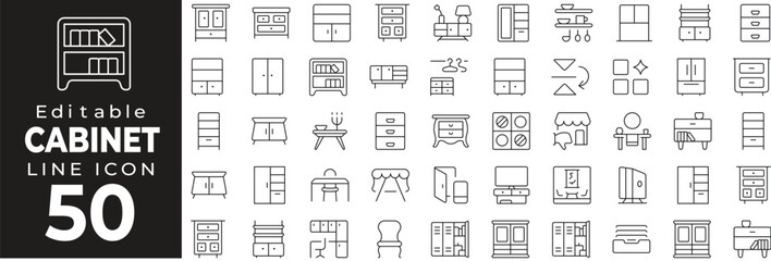 Storage and filing cabinet icons. Featuring drawers, office storage, wooden cabinet, archive, and locker icons. Editable stroke. © Meizan 