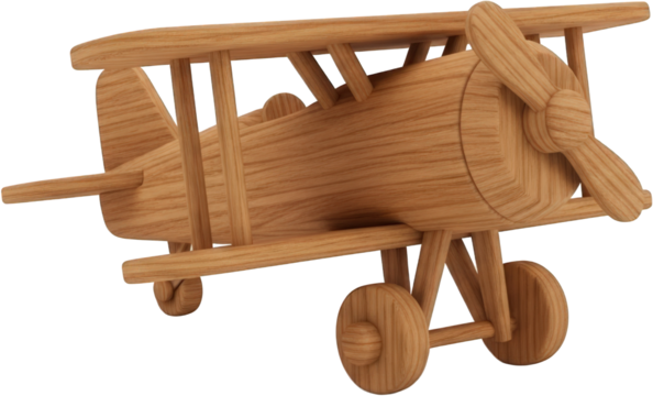 Wooden toy biplane model detailed craftsmanship light brown wood isolate