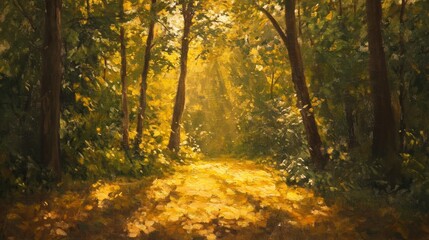 Obraz premium Forest path with sunlight shining through trees creating a warm and inviting scene.
