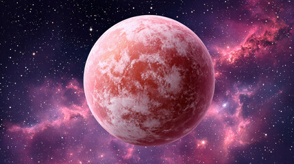 Vibrant red exoplanet floats in vastness of space, surrounded by stunning cosmic backdrop of purple and pink nebulae. celestial scene evokes sense of wonder and exploration