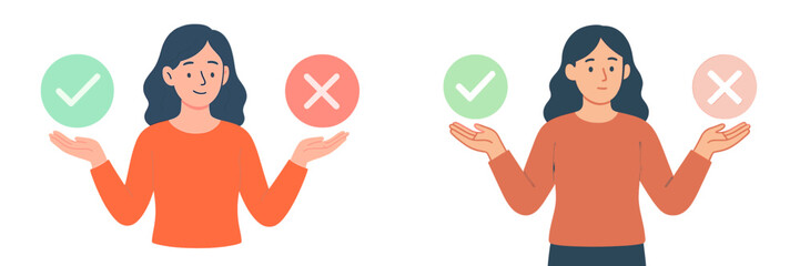 Two women demonstrating concepts of approval and disapproval with colored symbols in a simple design