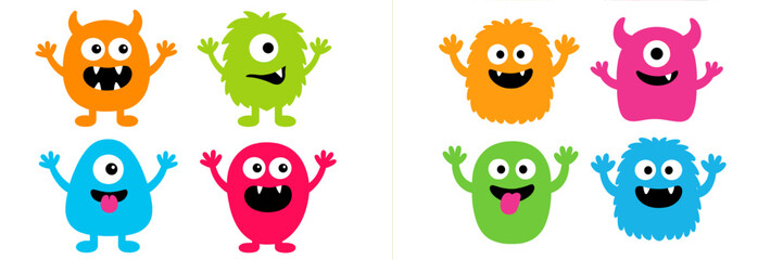 Colorful cartoon monsters celebrating with joyful expressions in a fun, playful arrangement at a party atmosphere