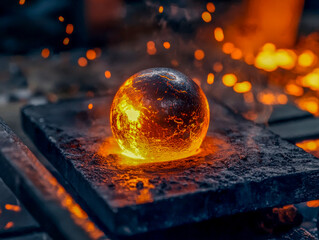 Brightly glowing molten metal ball rests atop a forge, radiating orange light while intense heat and flames dance around, showcasing the artistry of blacksmithing and metalwork