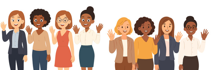 Group of diverse women smiling and waving together in a friendly atmosphere during a daytime gathering