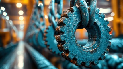 Close-up of industrial gears and chains.  Metal gears, painted teal/blue, are suspended by chains.  Blurred steel rods/rebar in background.  Industrial setting, likely a factory