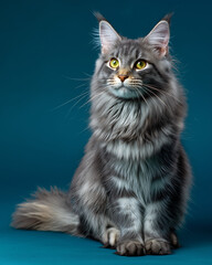 Obraz premium front view of full body gray Maincoon cat stand or sit on blue background