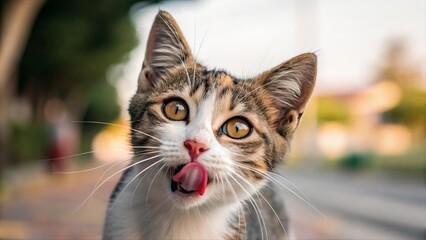 Close-up of cute tabby kitten with big eyes and tongue out, licking its nose. Adorable cat expression with blurred outdoor background. Funny pet portrait in natural light.