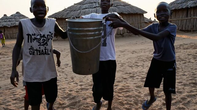 Young boys carrying water in rural african village at sunset