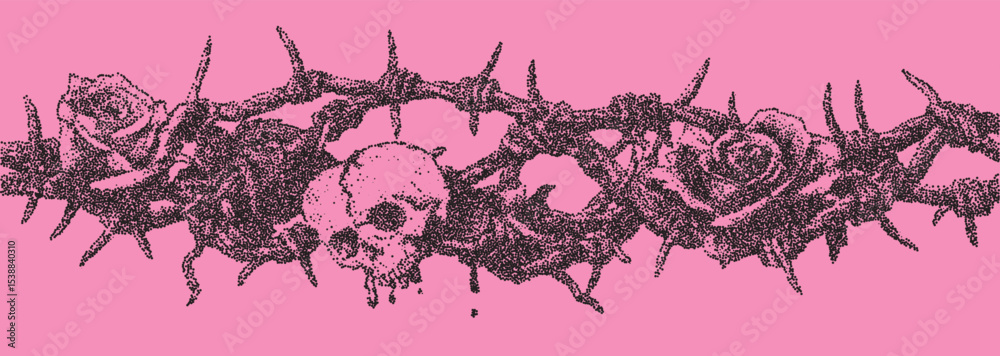 Aufkleber artistic depiction of skull and roses intertwined with thorns on a vibrant pink background creating 