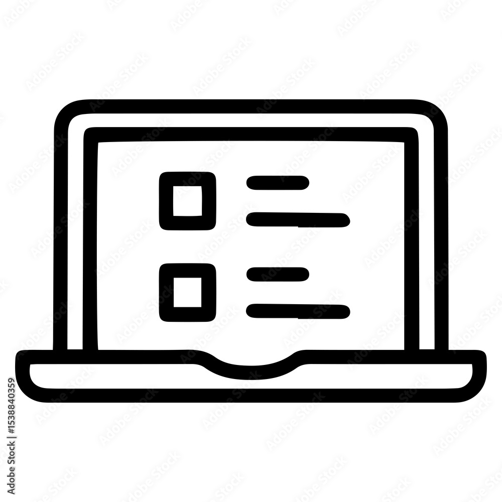 Poster outline style image depicts a laptop displaying a digital survey or questionnaire with two empty squ