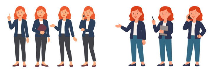 Diverse illustrations of a woman showcasing different professions and emotions in a creative setting