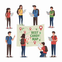 A Group of Travelers Embark on an Adventure: A vibrant illustration showcases a group of adventurers, engrossed in the intricacies of their travel maps as they get ready to explore.