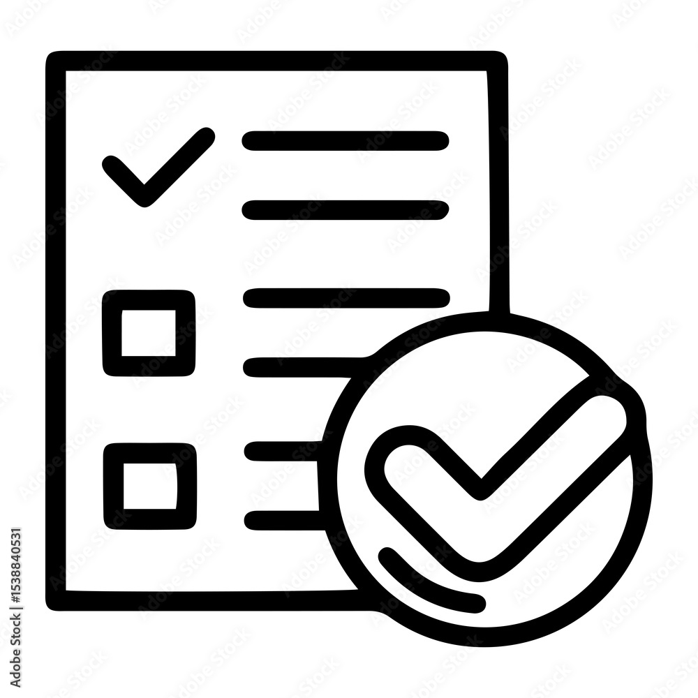Aufkleber outline style image depicts a clipboard with a paper showing a checklist where one item is checked a