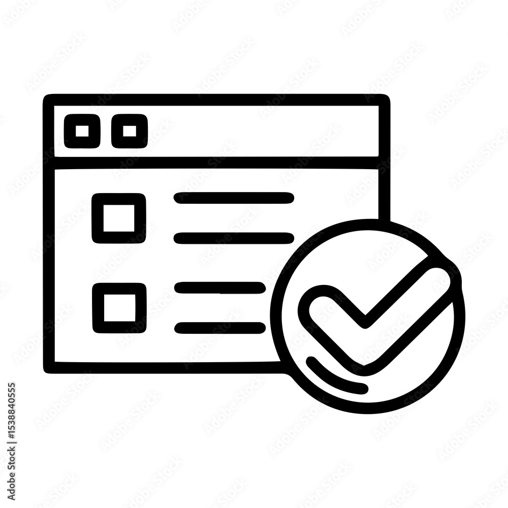 Aufkleber outline style image depicts a web browser window showing a checklist with two items and a large chec