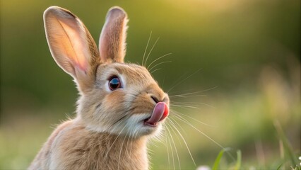 Funny close-up of cute rabbit sticking out tongue with blurred green background. Adorable bunny expression, perfect for animal humor, pet lovers, and springtime concepts.
