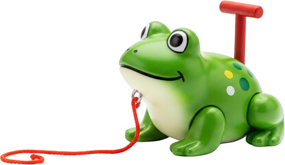Fototapeta premium Green wooden frog toy with red handle rope and spots isolate childrens toy