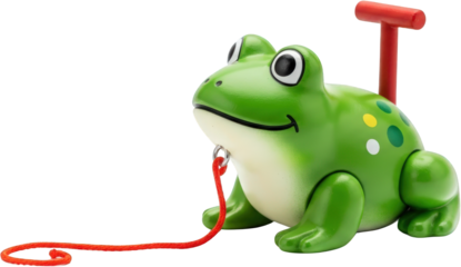 Green wooden frog toy with red handle rope and spots isolate childrens toy