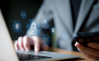 Business person secure technology data privacy to prevent cybercrime. Data security or PDPA compliance. Business and financial information data encryption and authentication.