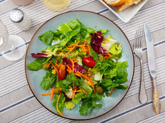 Summer mixed salad of carrot, lettuce, tomatoes and olives closeup
