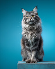 Fototapeta premium front view of full body gray Maincoon cat stand or sit on blue background