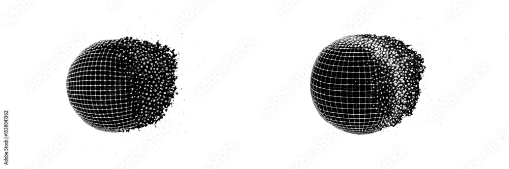 Poster 3d spherical objects transitioning from solid to fragmented forms in a digital space