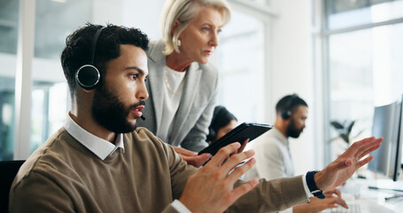 Call center, mentor and business people in office, help desk or contact us with corporate training....