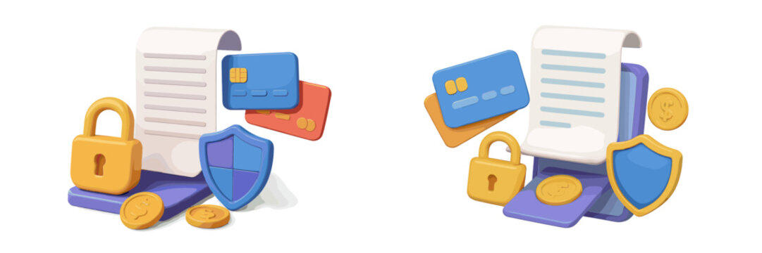 Digital payment security with credit cards, invoices, and protective elements in vibrant colors