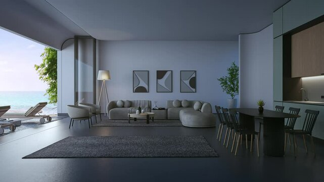 Sea view large living room of luxury summer beach house with terrace. Dining table on concrete floor and white wall kitchen in vacation home or holiday villa. Hotel interior 3d illustration.