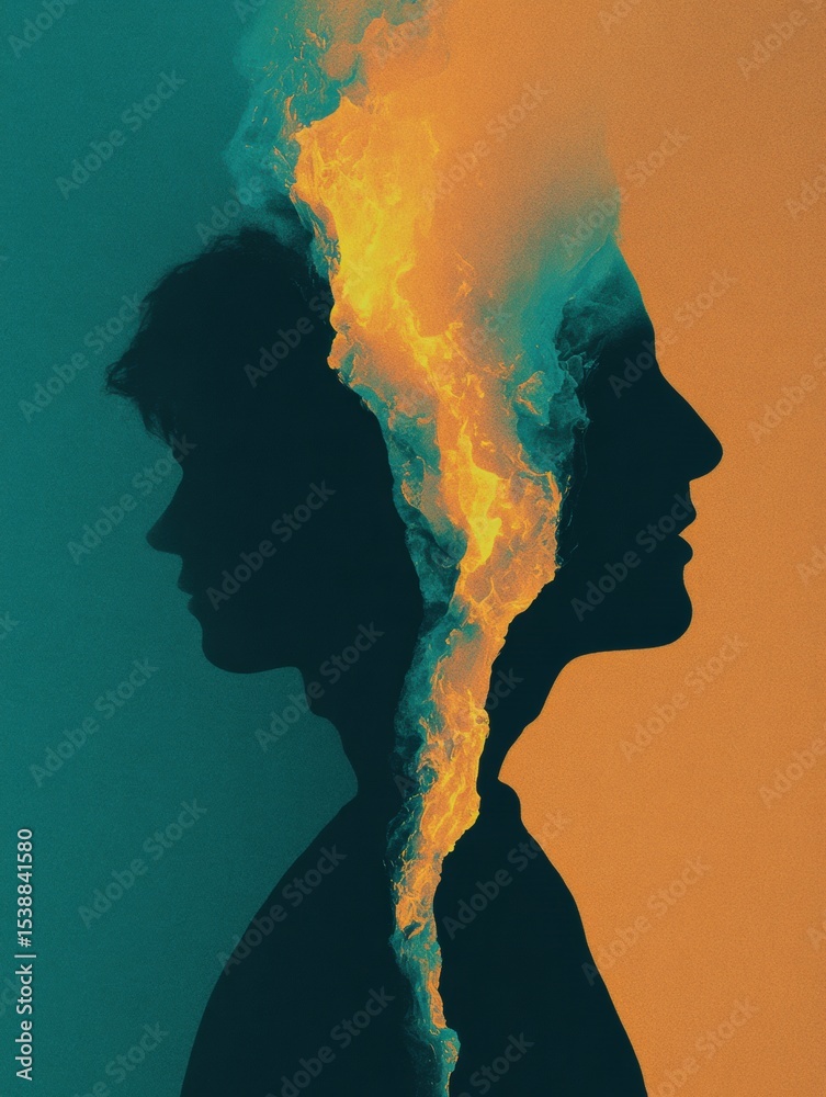 Aufkleber Two Silhouettes Merging Into One Abstract Shape With Vibrant Colors and Dynamic Forms, Creating a Visual Representation of Unity and Connection
