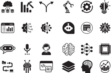 AI Tools and Automation Icon Pack – Neural Networks, Chatbots, Robotics, and Data Science Vector Icons