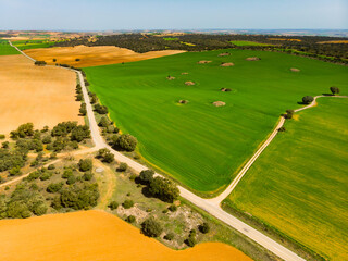 Aerial drone view. Castilla-La Mancha agricultural fields